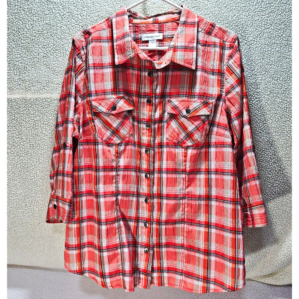 Christopher & Banks Womens XL Orange Plaid Collared Button-Down 3/4 Sleeve Shirt